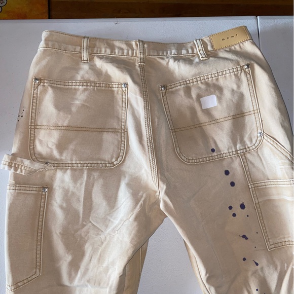 MNML NWOTs Flare Denim Pants - Khaki with Paint Splatter | B243 | Size 34 - Picture 8 of 13